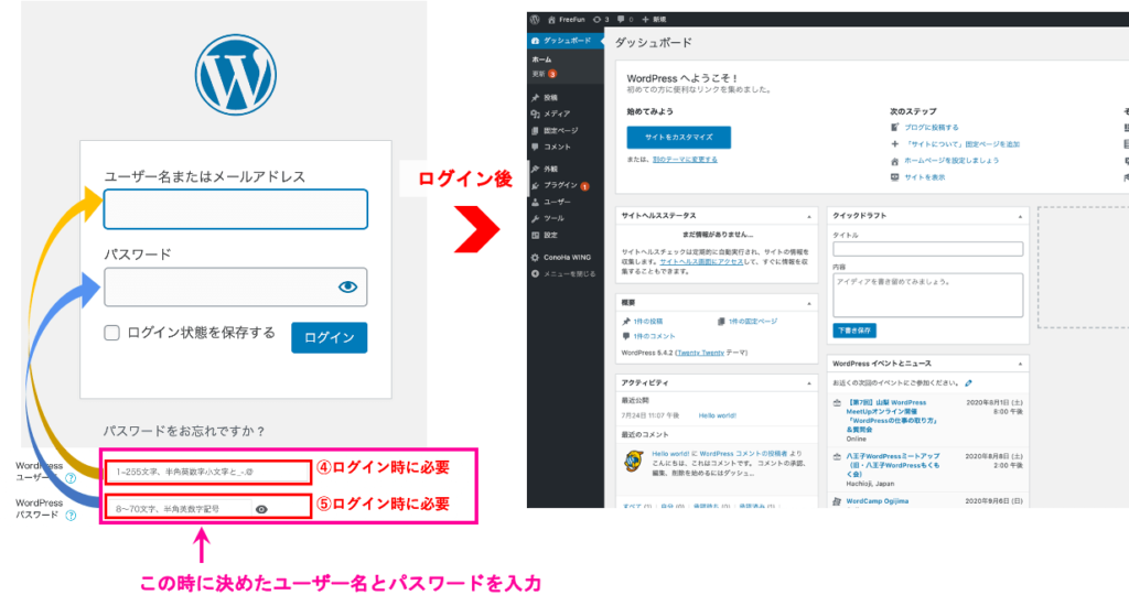ConoHAWING設定画面WordPressはじめてのログイン