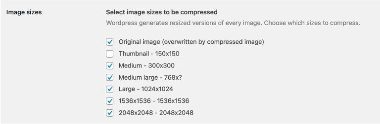 Compress JPEG & PNG images のImage sizes の設定